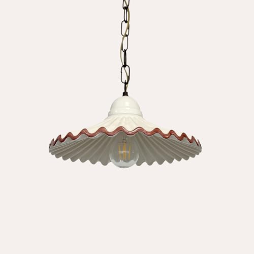 Keyhomestore-Lampadario Rustico a Sospensione in Ceramica colore Bianco con Bordo Rosa, Diametro 39 cm, Made in Italy, comprensivo di Catena in Ottone.