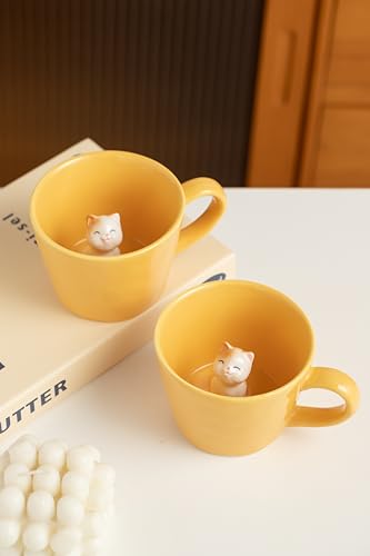 Image of DIHOclub Cat Coffee Cup Hidden Ceramic Animal Inside Mug,Cute Cartoon Handmade Figurine Mugs,Holiday and Birthday Gift for Coffee Milk Tea Lovers,12 Oz(yellow)