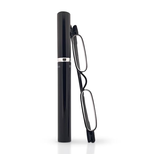 MicroVision Optical Original Mini Reader Reading Glasses With Tube Case, Durable Stainless Steel Frame For Women and Men Lightweight & Pocket-Sized Eyeglasses as Seen on Oprah Black, +1.500