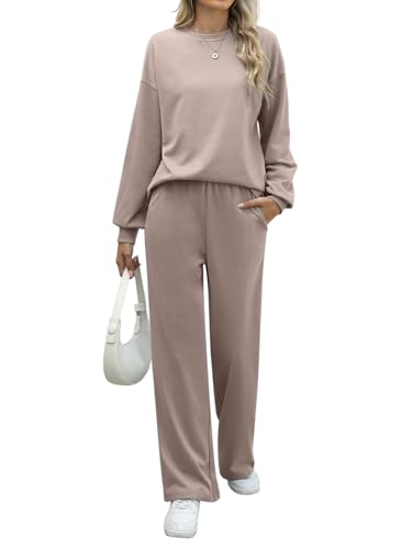 REORIA Damen Baumwolle Rundhals Jogginganzug Langärmliges Oberteil und weite Hose Zweiteiler Trainingsanzug Hausanzug Sport Set Lounge Set Khaki L REORIA Damen Baumwolle Rundhals Jogginganzug Langärmliges Oberteil und weite Hose Zweiteiler Trainingsanzug Hausanzug Sport Set Lounge Set Khaki L