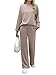REORIA Damen Baumwolle Rundhals Jogginganzug Langärmliges Oberteil und weite Hose Zweiteiler Trainingsanzug Hausanzug Sport Set Lounge Set Khaki M