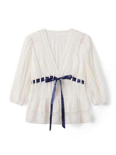 Image of Women Pleated Ruffles Lace Trim T Shirts Front Bow Tie Up Ruched Cinch Waist Tops Fashion Long Sleeve V Neck See Through Blouses (A-White, S)