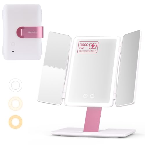 EASEHOLD Foldable Tri-Fold Lighted Makeup Vanity Mirror with 60 LED Lights, 1X/2X/3X Magnification, Touch Control Dimming, 3000mah Rechargeable, 360° Rotation, Portable Travel Folding Compact Mirror