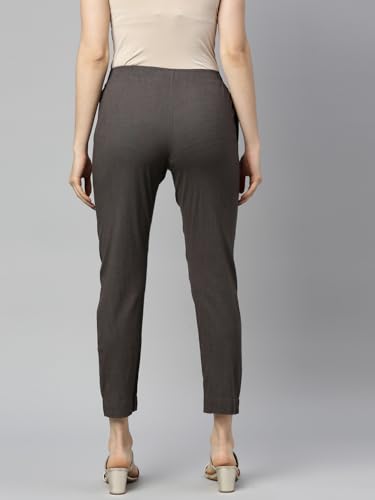 Image of MINELLI Women Solid Cigar Pants, Cotton Lycra Slub Fabric, Elasticated Waistband, Pull On Style, Regular Fit Bottom Wear for Western and Ethnic Wear