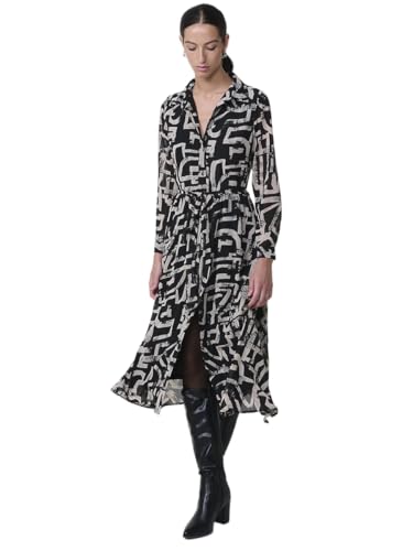 Koroshi Vestido Camisero Midi chifón Abstracto & cinturón Mujer, de Color Black, Talla L