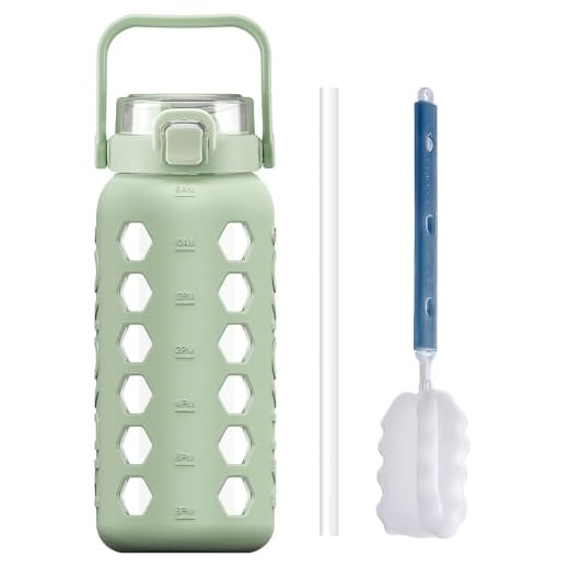 MUKOKO Half Gallon/64 oz Glass Water Bottles with Straw and Lid,Motivational Water Jug with Time Marker Reminder and Silicone Sleeve,100% Leakproof BPA Free Fitness Sports Large Bottle-Green