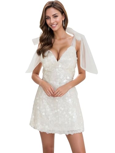 CUTUBLY Women's Sexy Sequin Sparkly Rhinestone Mini Dress with Off