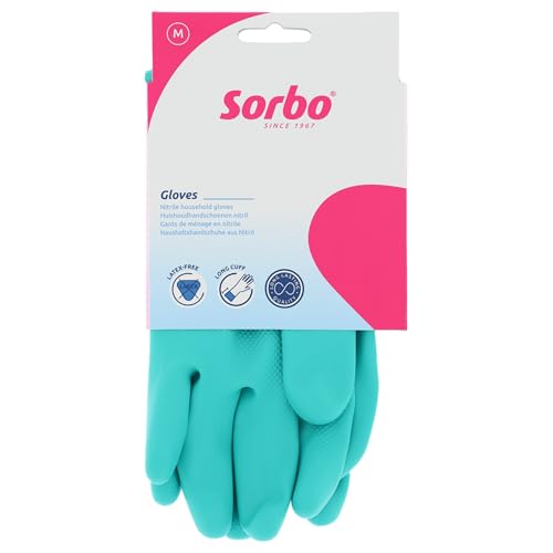 Sorbo Latexfreie Haushaltshandschuhe – Größe M – 1 Paar – Aus Nitril – Antiallergisch, wiederverwendbar & reißfest – Extra langer Schaft – Rutschfest – Für Reinigung & Spülen geeignet