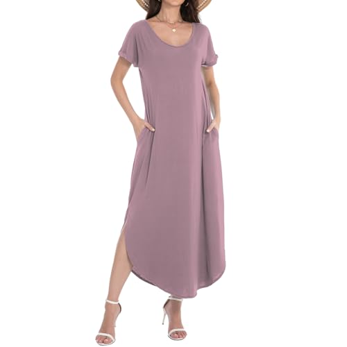 Image of Matchstick Women's Flowy Maxi Dress V-Neck Relaxed Loose Fit Short Sleeve Casual Sundress with Pockets Side Split Beach Dress