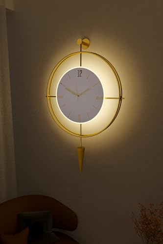 Image of FUNTLY Lavipen Gold White Led Wall Clocks for Living Room, 50cm Large Modern Silent Wall Clock, Gold Clock with No Ticking, Scandinavian Design with Sweep Movement, for Home Decor (Gold- White Led)