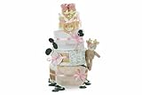 Windeltorte für Baby Mädchen | Greifling und Plüschtier Reh Ella, Musselintuch und Babybooties, Personalisierbar (4 stöckig, bedruckt)
