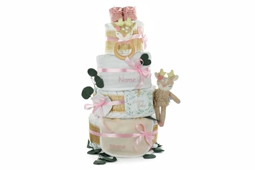 Windeltorte für Baby Mädchen | Greifling und Plüschtier Reh Ella, Musselintuch und Babybooties, Personalisierbar (4-stöckig, bedruckt)