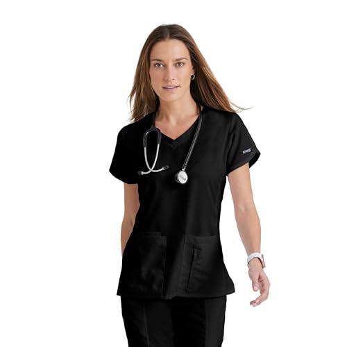 Grey’s Anatomy by BARCO Classic Cora Scrub Top for Women – Black, 4-Pocket Crossover V-Neck Scrub Shirt with Natural Stretch, Soil Release Fabric, and Super-Soft Finish – Medium, Regular Fit