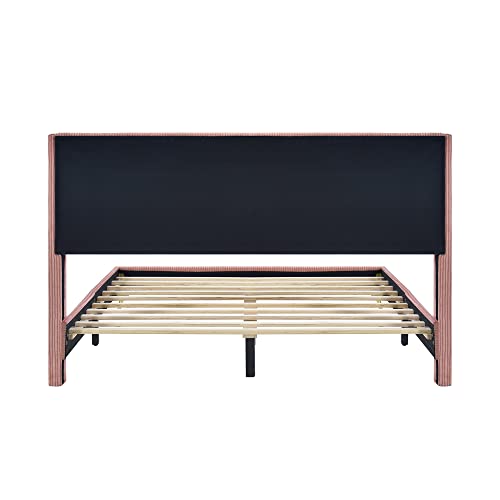 Harper & Bright Designs Queen Upholstered Platform Bed Frame With Headboard And Metal Legs, Corduroy Mattress Foundation With Wooden Slats Support, No Box Spring Needed (Queen Size, Pink) #TOP4
