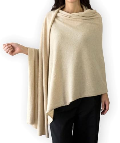 Jet&Bo 100% Pure Cashmere Travel Wrap, Shawl, Scarf & Blanket Beige, Storage Bag + Gift Box3