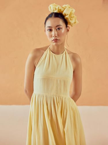 Image of FIORRA Women's Light Yellow Solid Linen Midi Dress
