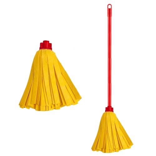 HOMESHOPA Floor Cleaning Mop, Yellow Synthetic Cloth Strips Replacement Head & Red Long Handle, Washable & Highly Absorbent Yellow Stripes and Red Handle, Universal Fit