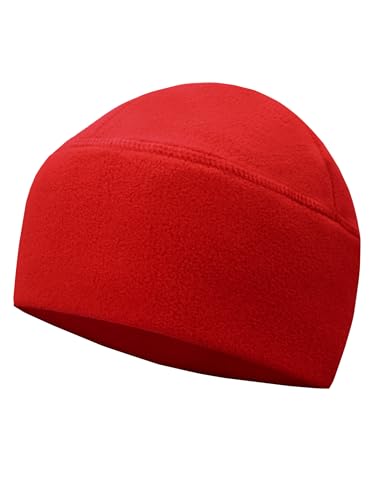 Winter Fleece Beanie, Wide Double-Layer Brim Warm Skull Cap, Windproof Lightweigh Sleep Hat for Men Women（Red）