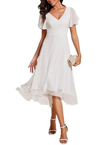 Ever-Pretty Women's Elegant Chiffon V Neck Flowy Spring Wedding Guest Dresses Midi Semi Formal Cocktail Dress White US8