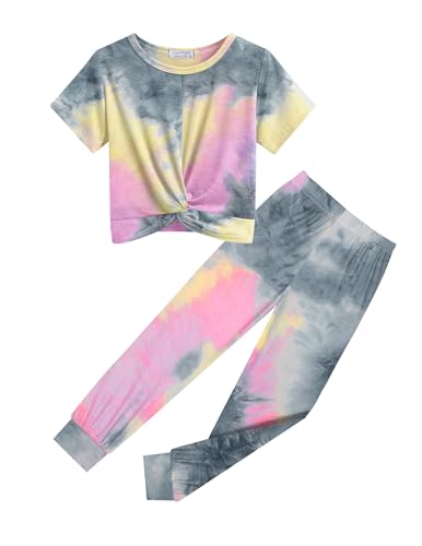 Image of Flypigs Girls Clothing Sets Tie Dye 2 Piece Outfits Short Sleeve Twist Front Tops and Sweatpants Sportswear Tracksuits
