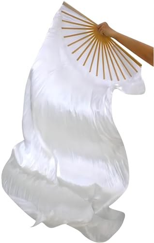 RuiXiang 1.8M Long Dance Fan,Belly Dance Bamboo Fan,Yangko Fan Silk Fan,Square Dance Morning Practice Simulation Silk Fan (White)