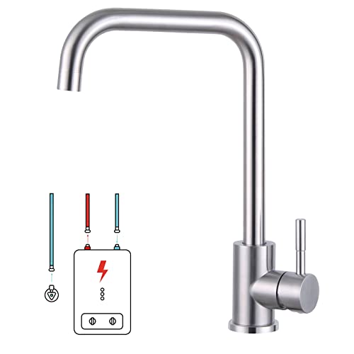 HOTTIST - Grifo de baja presión para cocina (baja presión, giratorio 360°, baja presión, con conector G3/8, 3 conexiones, acero inoxidable cepillado)