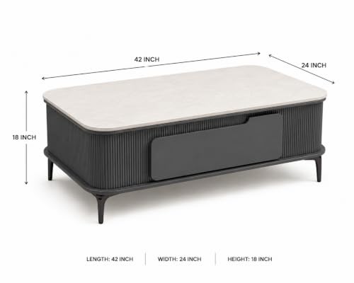 Image of WOODEN SPACE Premium Solo Marble-Top Wooden Center Table for Living Room | Iron Legs | PVD Coating | Modern Entryway Furniture | Coffee Table (Dark Grey, 42x24x18 Inch)