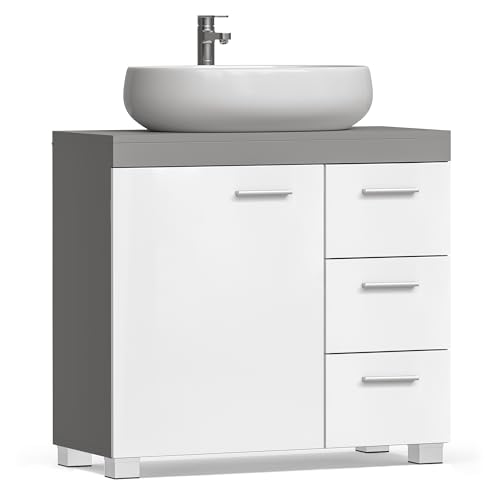 VASAGLE Mueble Bajo Lavabo, Armario de Baño, 3 Cajones, 2 Compartimentos Detrás de la Puerta, con Pies, 30 x 70 x 64 cm, Gris Cemento y Blanco Nube BBK503T49