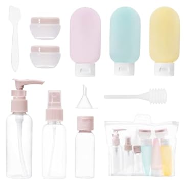 Carehabi Set di 11 kit viaggio liquidi, contenitori viaggio aereo 30/50/60/80 ml, piccole lattine di crema, flacone spray trasparente, erogatore di pompa shampoo, accessori viaggio per prodotti bagno
