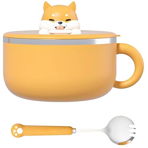 40 Oz Shiba Inu Ramen Bowl with Spork, Insulated Stainless Steel with Phone Stand Lid