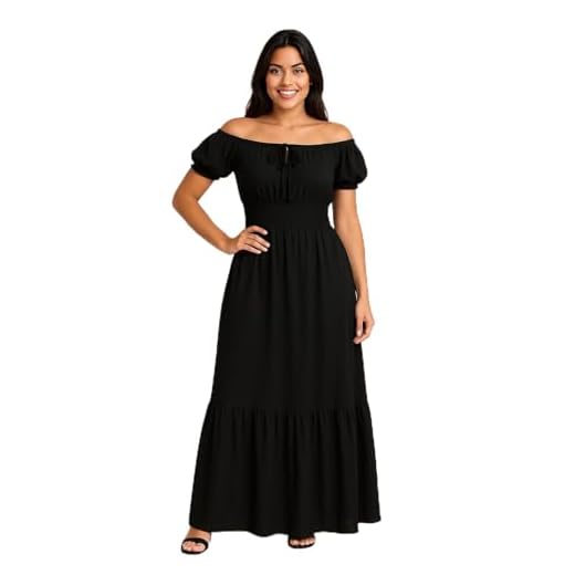 Vestido Ciganinha Longo Preto black, Ombro a Ombro, Manga Curta, Cintura Franzida com Babado