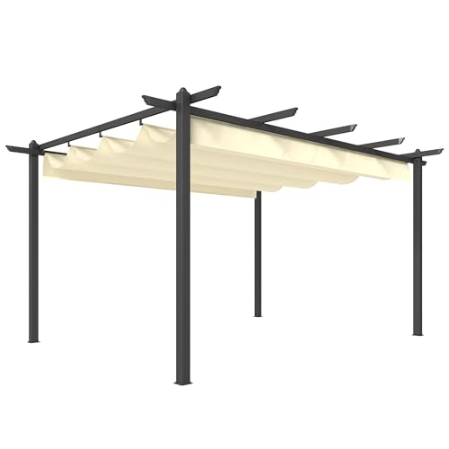 Outsunny Pérgola de Jardín 4x3 m con Techo Retráctil, Cenador de Jardín con Estructura de Aluminio, UPF30+, Orificios de Drenaje, Pabellón para Exterior, Patio, Terraza, Crema