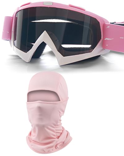 immoono Motorcycle Goggles with Balaclava for Women Girls, Dirt Bike ATV Motocross Riding Racing Ski Goggle Safety Glasses, Gradient Light Pink Frame Smoke Lenses