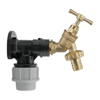 32mm MDPE Wall Flange and Brass Garden Tap Kit - 3/4 Inch BSP Connection with Hose Barb Outlet - MDPE Compression Outdoor Water Fitting for Irrigation, Garden Tap, Water Supply and Plumbing