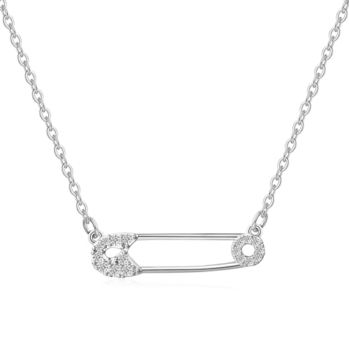 Plikin Safety Pin Necklace Zircon Pendant Stainless Steel Choker Necklace Charm Fashion Jewelry for Women Gift