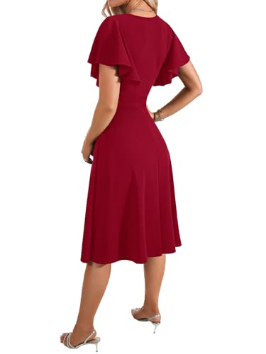 Image of LYANER Women's Warp V Neck Ruffle Short Sleeve A Line Swing Flared Cocktail Party Midi Dress