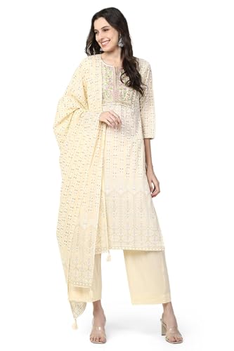 Image of SHOWOFFFF Women Floral Three-Piece Straight Festive Kurta Set | Round Neck 3 /4th Sleeves Cotton Kurta Set for Womens | Mid-Rise Regular Fit Calf Length Kurta Set for Women's