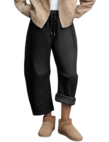 Hongsui Women's Baggy Sweatpants Fleece Lined Fall Winter Barrel Leg Pants Casual Drawstring Palazzo Pants with Pockets