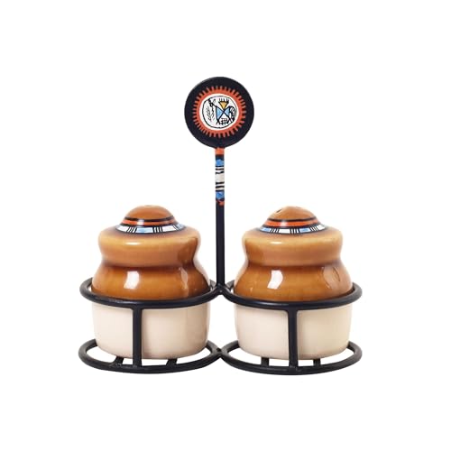 Image of Aakriti Art Creations Ceramic Salt & Pepper Set with Metal Stand | Handcrafted Modern Art Kitchen & Dining Dispenser Set | Salt Pepper Shaker Set for Dining Table | Kitchen Decoration Items Stylish