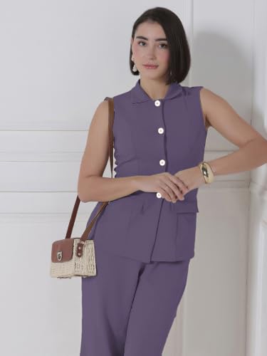 Image of Selvia Beige Lycra Textured Co-ord Set for Women, Button Front Waist Top and Trouser Pant
