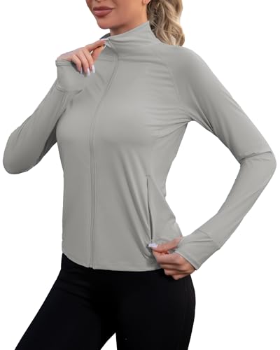 We1Fit Women's UPF 50+ Sun Protection Jacket Lightweight Athletic Shirts Full Zip Up Slim Fit Jackets for Workout Running with Pockets