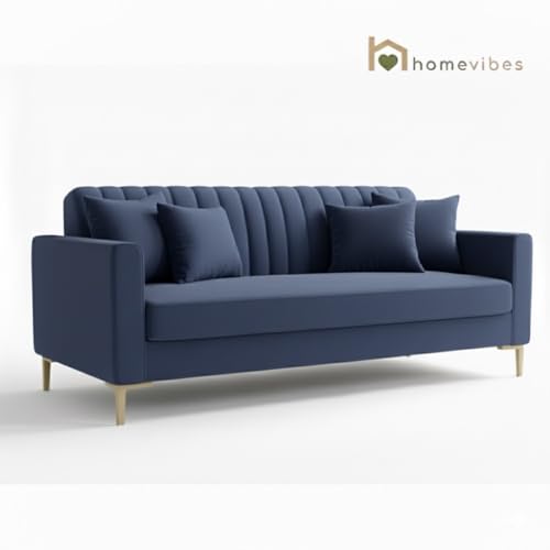 Image of 3 Seater Velum Fabric Sofa Set for Living Room, Modern Design with High Density Foam, Solid Wood Frame, Ergonomic Comfortable Seating for Home & Office (Blue, 3 Seater) | Soft foam comfort