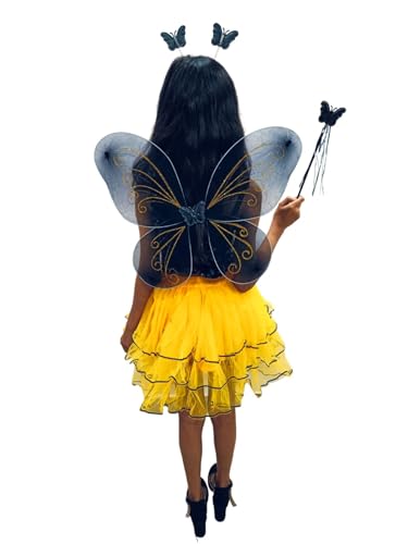 Image of BookMyCostume Butterfly & Honey Bee Fairy Costume for Girls - Sparkly Sequin Top & Layered Tulle Skirt Dress Set with Wings and Wand - Fancy Dress Outfit for Annual Day, Halloween & Cosplay 6-7 years