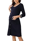 KOJOOIN Nachthemd Damen Geburt Stillnachthemd 3/4 Ärmel Knopfleiste Nachtwäsche Umstandskleidung Rundhals Sleepwear mit Tasche Schlafshirt mit Stillfunktion (Verpackung MEHRWEG), A-Dunkelblau, M