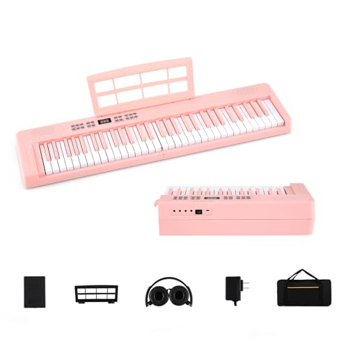 KOMFOTTEU Piano digital plegable con 61 teclas, piano con auriculares, pedal, atril y piano digital con 128 sonidos y ritmos, teclado de piano con funda (rosa)