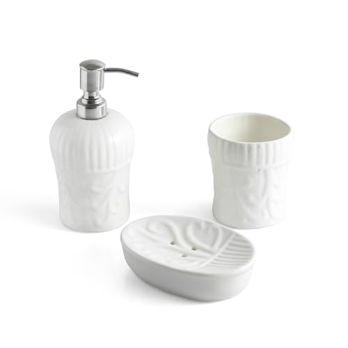 Image of ExclusiveLane 'Ivory Essence' Ceramic Soap Dispenser Set for Bathroom Wash Basin Bathroom Accessories Set of 3 (Liquid Soap Dispenser, Toothbrush Holder, Soap Tray Holder, Hand-Embossed)