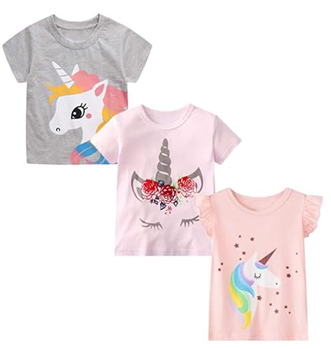 Image of Girls Graphic T Shirts 3 Pack 100% Cotton Short Sleeve Tees for Toddler Little Big Girls Cute Printed Casual Summer Tops