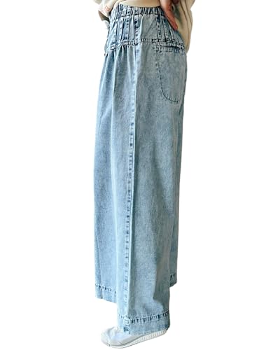 Women's Vintage Baggy Wide Leg Jeans High Waisted Buttons Drawstring Pleated Hem Denim Pants3