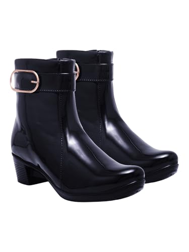 Image of Shoetopia Women's Ankle Boots with Low Heel & Gold Buckle - Stylish Slip-Resistant Zip-Up Short Boots for Casual & Party Footwear