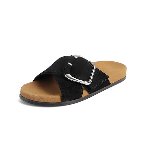 Image of Flat Sandals for Women Cross Buckle Straps Slides Slip-On Comfortable Summer Vacation Beach Sandals